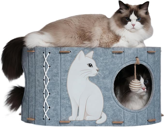 2-in-1 Large Cat House for Indoor Cats, Felt Cat Cave with Cushion, Dual Entrances & Sisal Ball Toy, Enclosed Bed for Large Cats or Multi-Cat Use, Supports 88 lbs-PurrikoPets