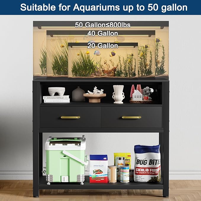 40-50 Gallon Fish Tank Stand with Power Outlet & 2 Storage Drawers, Heavy Duty Metal Frame Aquarium Stand with Waterproof Mat, 36.6" L*19.1" W Tabletop, 800LBS Capacity, Black-PurrikoPets