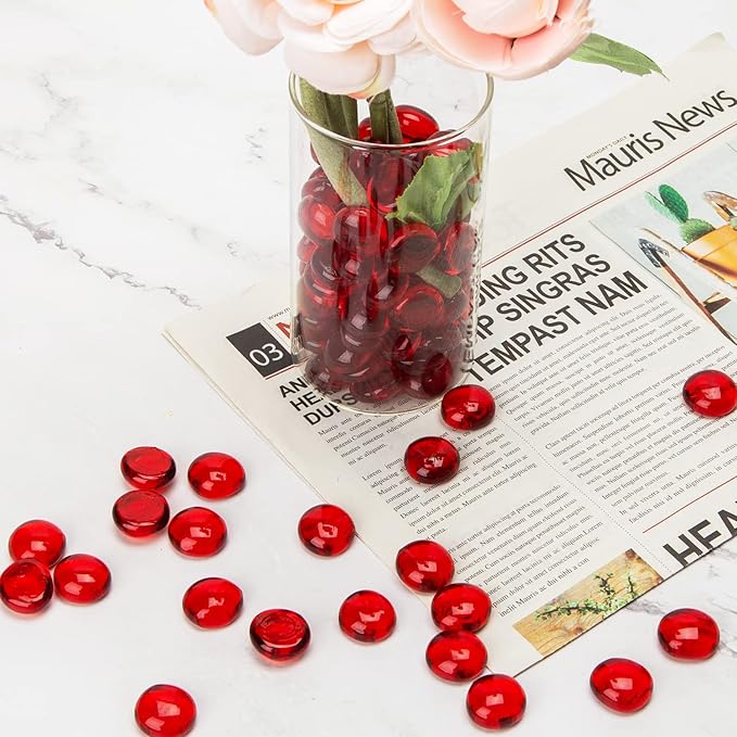 FUTUREPLUSX 1LB Red Glass Beads, Flat Glass Marbles Burgundy Pebbles Marbles for Vases Decorative Red Colored Gemstones Fish Tank Table Scatter Decor Art Craft-PurrikoPets
