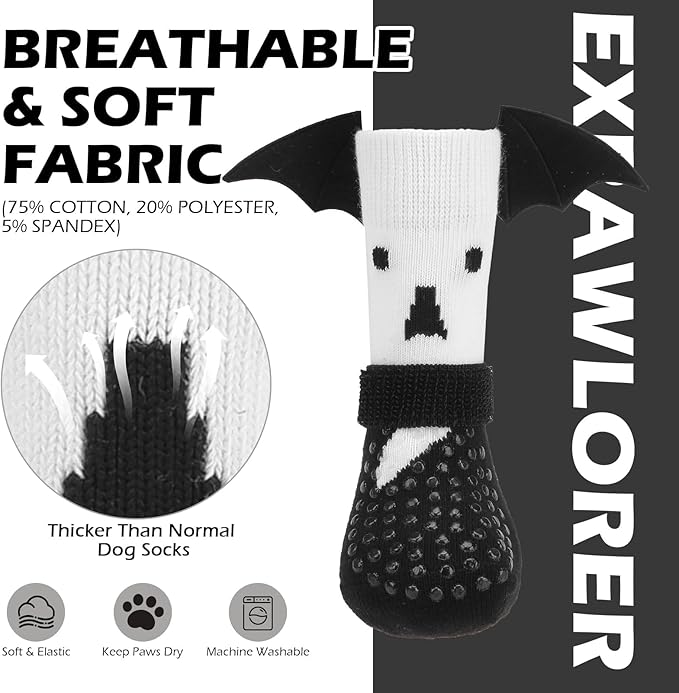 EXPAWLORER Halloween Anti Slip Dog Socks to Prevent Licking Paws, Boots & Paw Protectors with Grippers,Doggie Booties for Hardwood Floors for Small Medium Large Senior Dogs Costume White Ghost Wings S-PurrikoPets