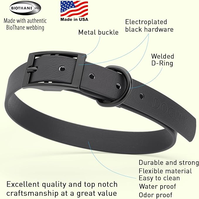 Dogline Biothane Waterproof Dog Collar Strong Coated Nylon Webbing with Black Hardware Odor- Proof for Easy Care Easy to Clean High Performance Fits Small Medium or Large Dogs, Black-PurrikoPets