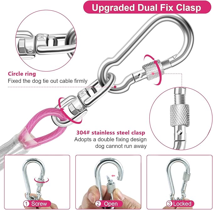 Dog Tie Out Cable for Outside,10FT Long Dog Leash&Chains with Swivel Hook,Small-Large Dogs Runner Cable for Yard,Heavy Duty Dogs Lead Line for Outdoor and Camping (500lbs 10FT, Pink)-PurrikoPets