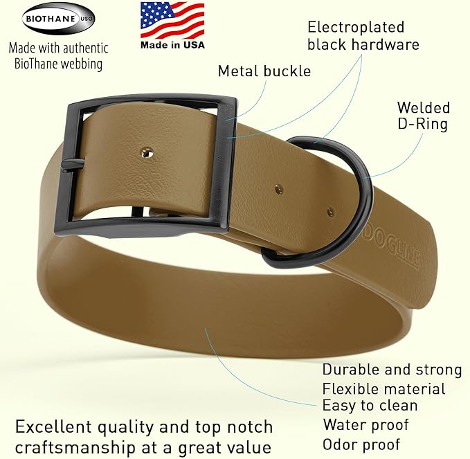 Dogline Biothane Waterproof Dog Collar Strong Coated Nylon Webbing with Black Hardware Odor- Proof for Easy Care Easy to Clean High Performance Fits Small Medium or Large Dogs, Coyote Brown-PurrikoPets