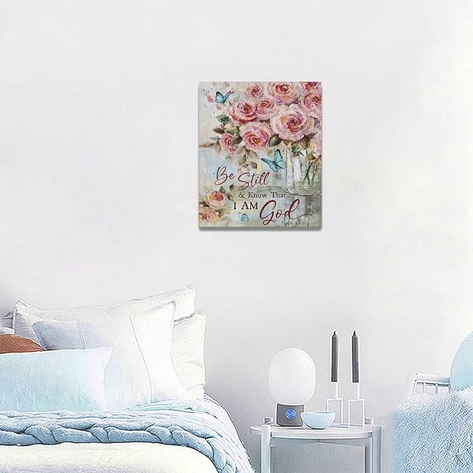 Farmhouse Rose Wall Art Christian Scripture Pictures Pink Rose Wall Decor Rustic Floral Butterfly Canvas Print Painting Artwork for Bathroom Living Room Bedroom 20"x24"-PurrikoPets