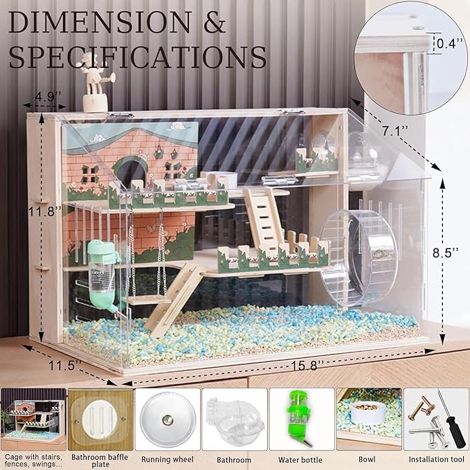 11 in 1 Wooden Hamster Cage with All Accessories, 15.8 Inch 3-Layer Dwarf Hamster Cage Acrylic,Small Animal Cages, Pastoral Style Mouse Cage for Pet Mice, Hedgehog, with Stairs, Fences and Swing-PurrikoPets