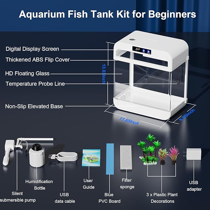 Fish Tank Aquarium 2.2 Gallon with 7 Color Auto-Looping Light, Fish Bowl with Humidifier 3 in 1 Pump - Filteration & Oxygenation & Circulation, Temperature Display, HD Float Glass, Thickened Base-PurrikoPets
