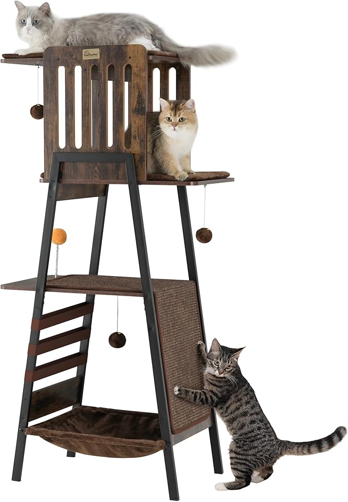 FourFurPets Modern Cat Tree, 58-Inch Cat Tower for Large Cats, Maine Coon Cat Tree with Scratching Board, Large Perch, Hammock and Removable Pads, Rustic Brown-PurrikoPets