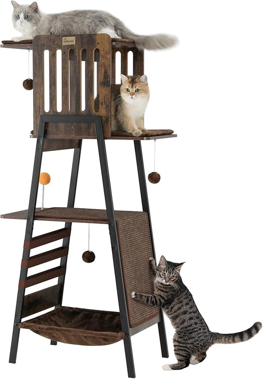 FourFurPets Modern Cat Tree, 58-Inch Cat Tower for Large Cats, Maine Coon Cat Tree with Scratching Board, Large Perch, Hammock and Removable Pads, Rustic Brown-PurrikoPets