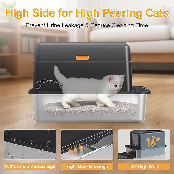 Enclosed Stainless Steel Litter Box with Lid, 20L Metal Enclosed Litter Box for Big Cat, Flip-Top Design with Anti-Leakage High Sides, Cat Lovers Gifts（Black）-PurrikoPets