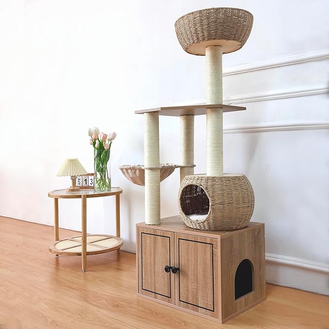 56.7" Tall Rattan Cat Tree for Indoor Cats, Multi-Level Wooden Cat Tower with Scratching Posts, Large Cat Climbing Furniture with Perches-PurrikoPets