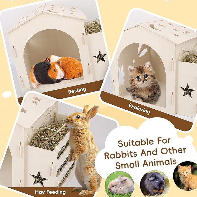 Extra Large Rabbit House & Rabbit Hay Feeder, Indoor Bunny Hideout with Feeder, Small Animal Houses & Habitats and Guinea Pig Hay Feeder-PurrikoPets