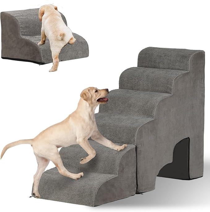 Dog Stairs for High Beds 25-30 inches Tall, 6-Step Dog Steps for High Bed for Doggies/Kitties, 30D Foam Pet Stairs Steps for Small Dogs, Dog Ramp/Ladder for Old Dogs/Cats, Grey-PurrikoPets