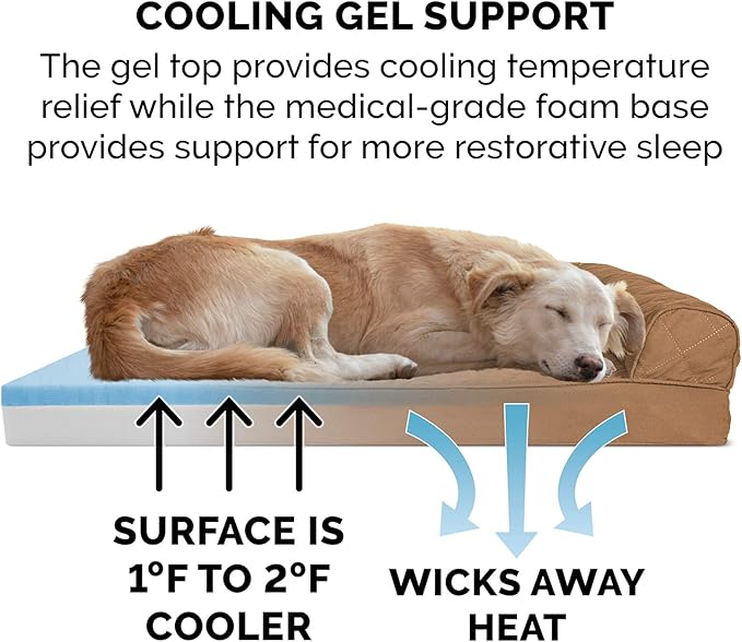 Furhaven Cooling Gel Dog Bed for Medium/Small Dogs w/ Removable Bolsters & Washable Cover, For Dogs Up to 35 lbs - Quilted Sofa - Toasted Brown, Medium-PurrikoPets