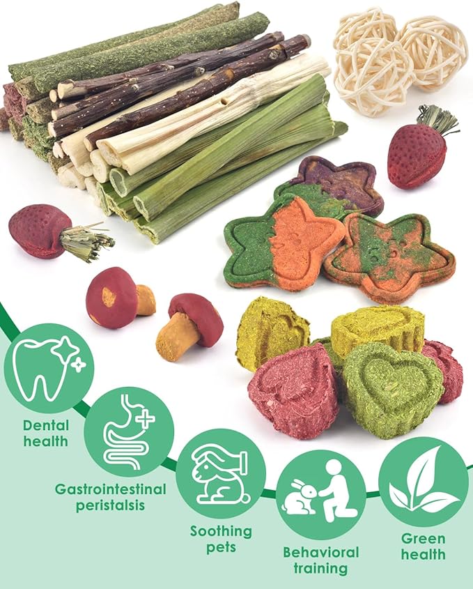 ERKOON 53 Bunny Chew Toys for Rabbits Teeth, Natural Rabbit Toys Apple Wood Sticks, Carrot, Timothy Grass for Small Pets, Hamster, Chinchilla, Guinea Pig Dental Care and Treat Teething(53)-PurrikoPets