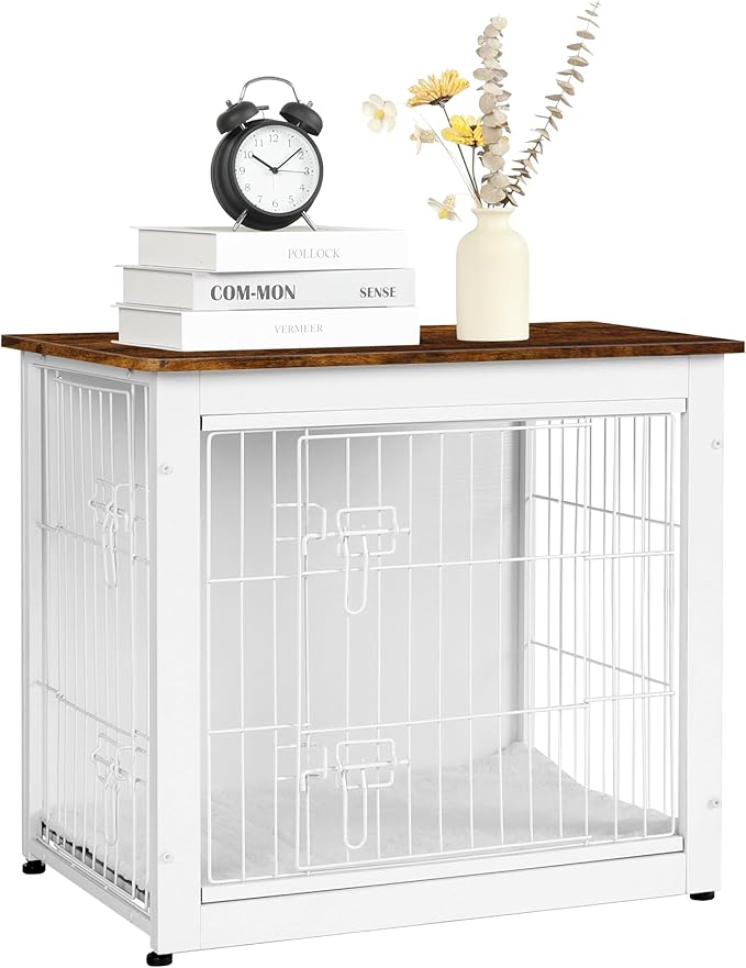 DWANTON Dog Crate Furniture with Cushion, Wooden Kennel Table with Double Doors, Indoor Dog House, Small/Medium/Large Size, 27.2" L, White+Rustic Brown-PurrikoPets