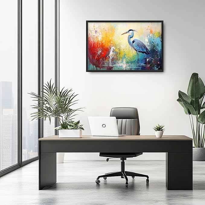 Extra Large Framed Abstract Heron Wall Art,Oversized Colorful Graffiti Heron Wall Decor Pictures for Living Room,Canvas Print Painting Modern Artwork Bedroom Office Bathroom Home Decor 36L x 24W-PurrikoPets