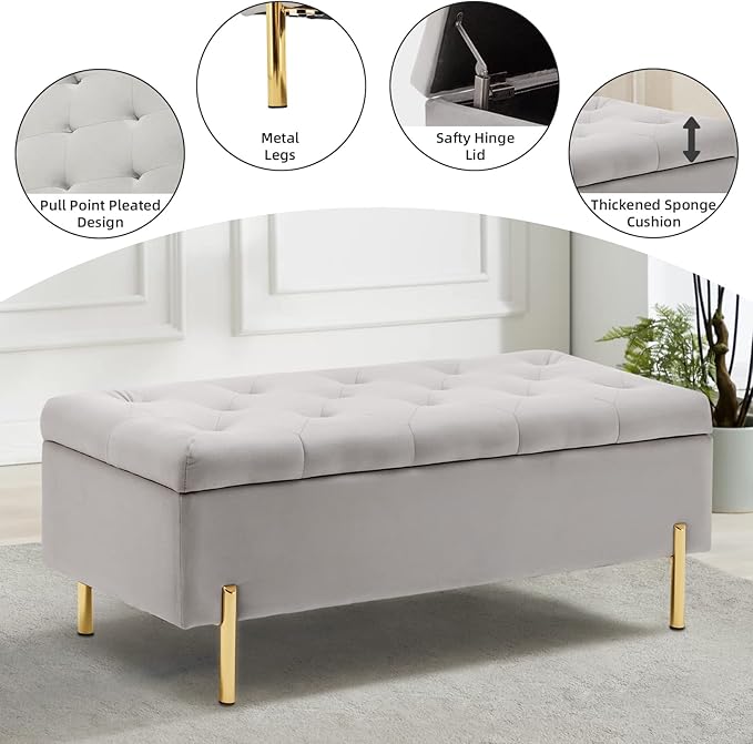 45.6 Inch Velvet Storage Bench, Tufted Upholstered Ottoman with Storage, Bedroom Living Room Entryway Rectangular Accent Bench, Grey-PurrikoPets