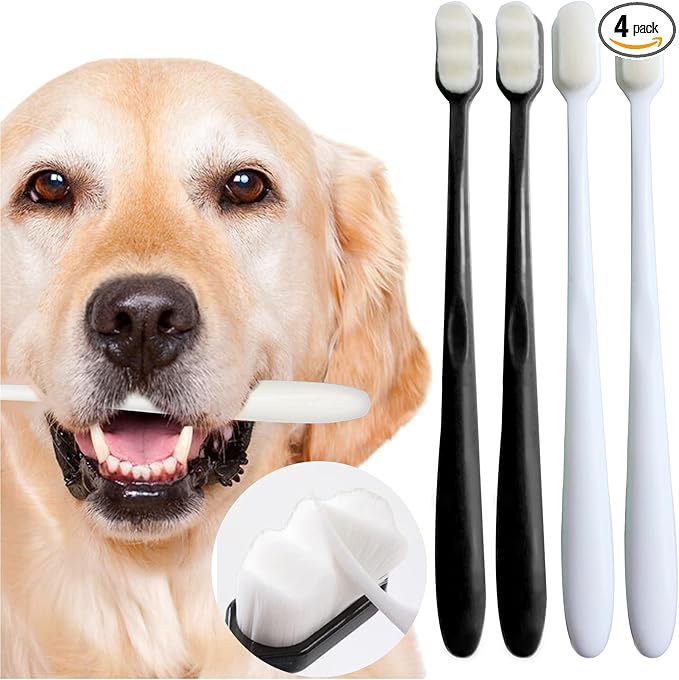 Dog Toothbrush Kit 4 Pack, 10,000 Ultra-Soft Bristles, Dog Tooth Brush for Medium to Large Dogs & Cats, Pet Tooth Brushing Kit for Easy Dental Cleaning, 2 Black Wave Head & 2 White Flat Head-PurrikoPets