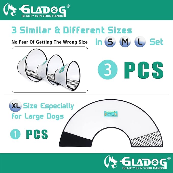 GLADOG Soft Dog Cone Collar, 3 PCS (XL is Only 1 PCS) Flexible Plastic Cone for Dogs After Surgery, Dog Recovery Collar, Adjustable E-Collar for Large/Medium/Small Dogs Cat, Comfy Elizabethan Collar-PurrikoPets