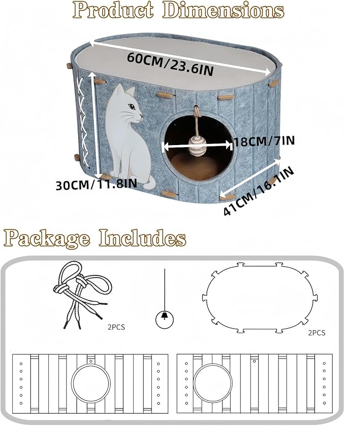 2-in-1 Large Cat House for Indoor Cats, Felt Cat Cave with Cushion, Dual Entrances & Sisal Ball Toy, Enclosed Bed for Large Cats or Multi-Cat Use, Supports 88 lbs-PurrikoPets