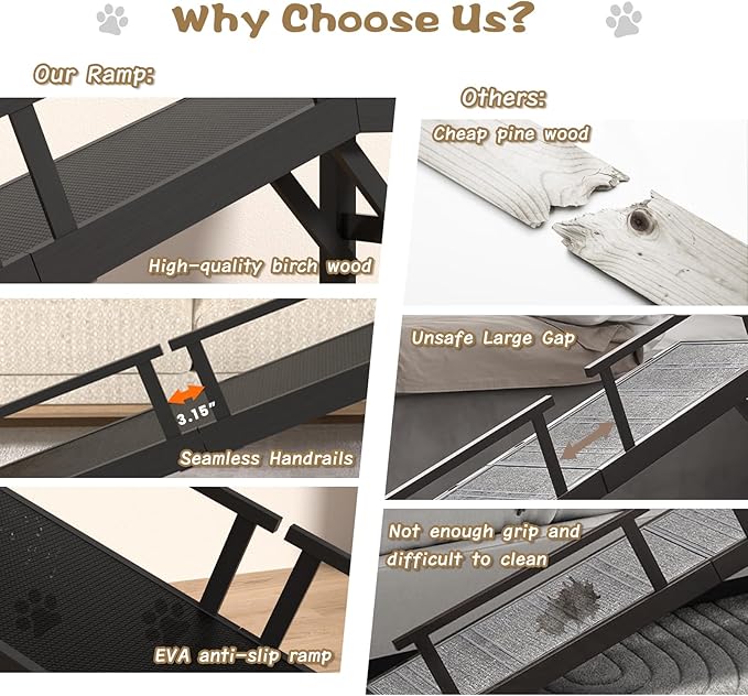 61" Dog Ramp for Bed, Pet Ramp with Removable Side Rail and Non-Slip Surface, Pet Ramp for Small & Large & Senior Dogs with Rest Platform and DIY Glow Strips,Dog Stairs for Couch,Black-PurrikoPets