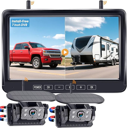Dual RV Backup Camera Wireless with Magnetic - Recording 1080P HD Solar Rear View Camera Install-Free 7 Inch Touch Button Monitor No-Delay Signal for Truck Trailer YWD-902-PurrikoPets