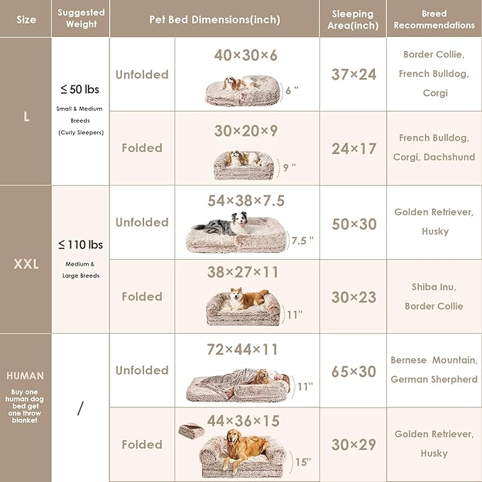 EHEYCIGA Foldable XXL Dog Bed, Faux Fur Fluffy Pet Couch Bed for Extra Large Dogs, Orthopedic Calming Memory Foam Pet Bed, Washable Soft Pet Sofa Bed with Non-Slip Bottom, Faded Brown, 54"x38"x7.5"-PurrikoPets