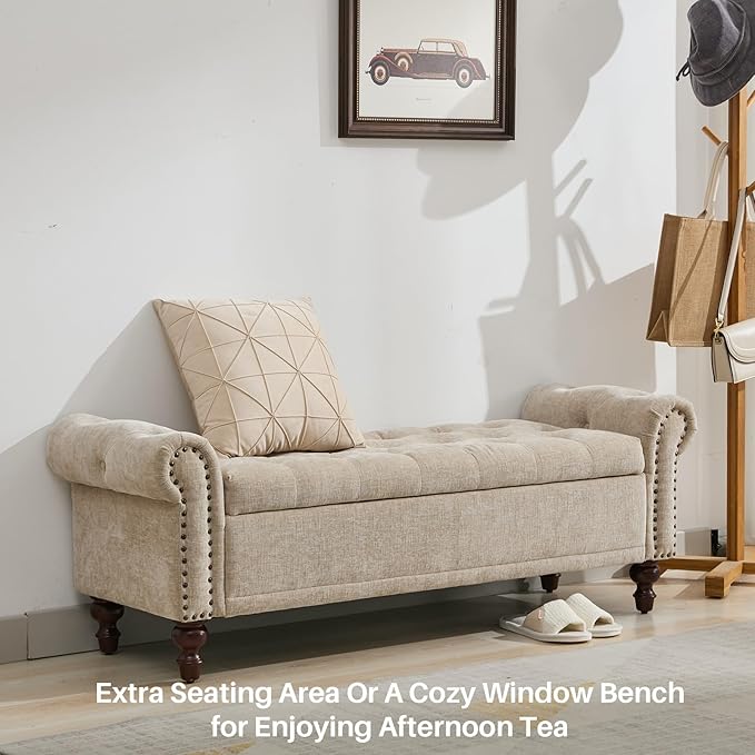 58.1'' Storage Bench Upholstered Chenille End of Bedroom Bed Bench Ottoman with Tufted Cushioned Rolled Arm Large Storage Space for Reading Living Room Entryway, Light Brown-PurrikoPets