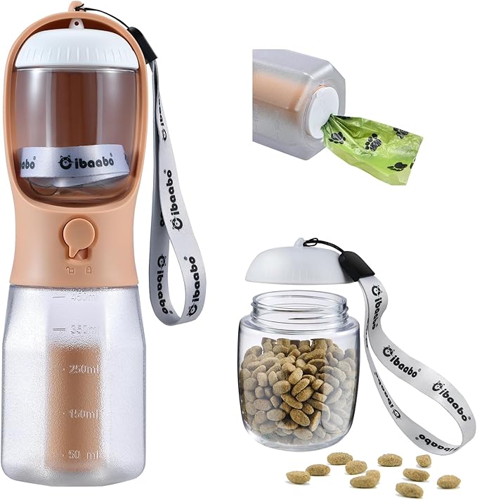 Dog Water Bottle with Food Container & Poop Bag Holder, Travel Water Bowl, Portable Pet Dispenser, Dog Stuff Accessories Items, Puppy Essentials Necessities for Yorkie Chihuahua Walking Hiking-PurrikoPets