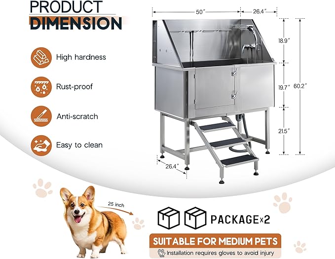 Albott 50-Inch Stainless Steel Dog Washing Station with Anti-Slip Steps, Sprayer, Faucet, and Soap Box – Professional Pet Bathtub for Medium/Small Pets, Ideal for Home, Garage, and Grooming(Left)-PurrikoPets