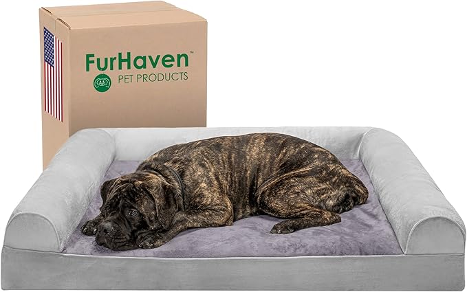 Furhaven Orthopedic Dog Bed for Large Dogs w/ Removable Bolsters & Washable Cover, For Dogs Up to 125 lbs - Faux Fur & Velvet Sofa - Smoke Gray, Jumbo Plus/XXL-PurrikoPets