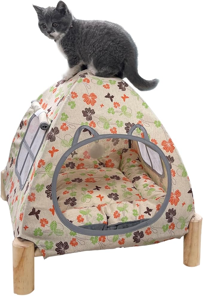 2-in-1 Elevated Cat Tent Cat House, Quick Assembly and Disassembly, Portable Indoor/Outdoor Cute Cat Bed Cave-Butterfly and Flower-PurrikoPets