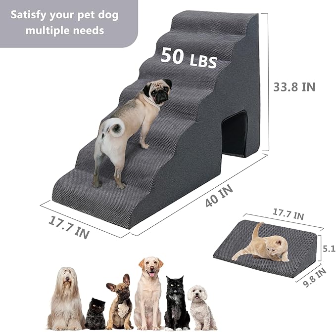 Dog Stairs for High Beds 30-36 inches Tall, 7-Step Pet Stairs/Steps for Small Large Dogs, 30D Foam Pet Steps/Ramp/Ladder for High Bedsides, with 4pcs Dog Ramp for Stairs, Dark Grey-PurrikoPets