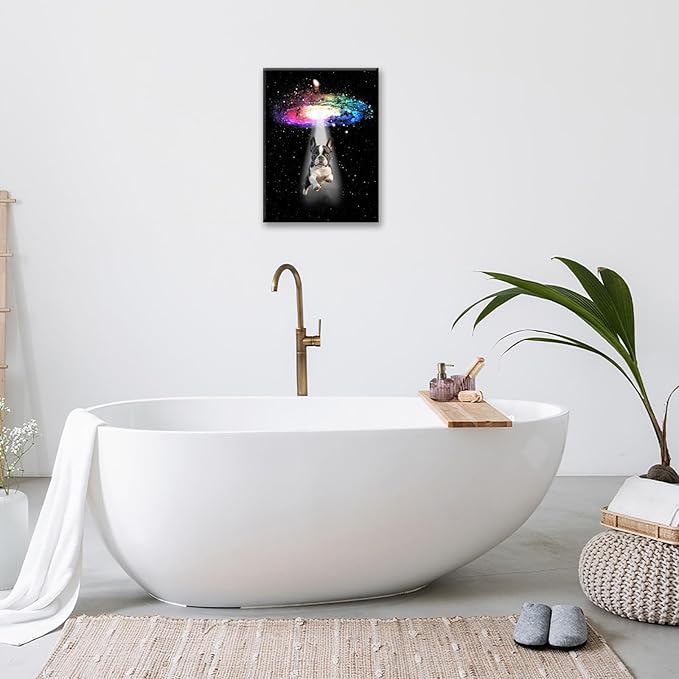 Funny Dog Wall Art Canvas Boston Terrier Wall Decor Prints Framed Painting Bulldog Galaxy Pictures Gifts Artwork for Bathroom 16"x20"-PurrikoPets