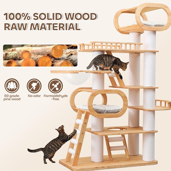 76.8'' Tall Modern Large Cat Tree,Multi-Level Wood Cat Tower for Indoor Cats Large Adults,Luxury Heavy Duty Cat Condo with Cushion,Scratching Posts,Clear Hammock Activity (76.8inch)-PurrikoPets