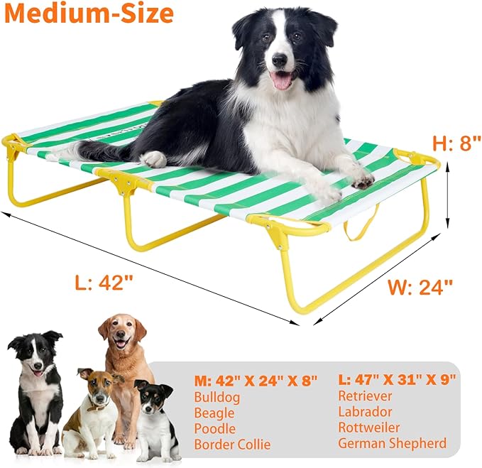 Dog Elevated Bed Foldable Portable Raised Bed Camping cot Outdoor Summer Dog Bed (Medium, GreenStripes-Oxford Fabric)-PurrikoPets