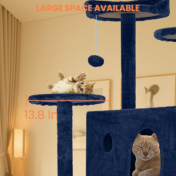 54.7 inches Cat Tower - Multi-Level Cat Condo with Scratching Posts, Hanging Toys, Navy Blue-PurrikoPets