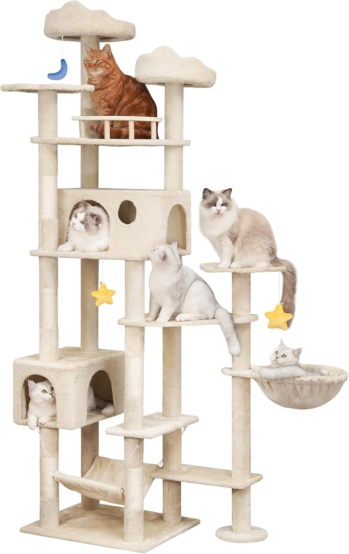 85inch Heavy Duty Cat Tree for Indoor Cats Large Adult, Tall Giant Cat Tower with Scratching Post, Large Perches, Cozy Cat Condos & Hanging Hammocks, Beige-PurrikoPets