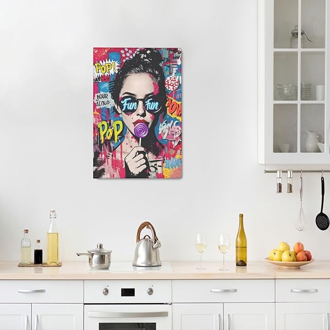 Fashion Women Wall Art Glam Modern Artwork for Girls Banksy Street Graffiti Pop Art Canvas Pictures Painting Print Framed Decorations Gifts for Bedroom Living Room Office 16"x24"-PurrikoPets