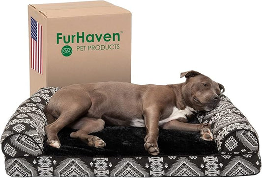 Furhaven Orthopedic Dog Bed for Large/Medium Dogs w/ Removable Bolsters & Washable Cover, For Dogs Up to 55 lbs - Plush & Southwest Kilim Woven Decor Sofa - Black Medallion, Large-PurrikoPets