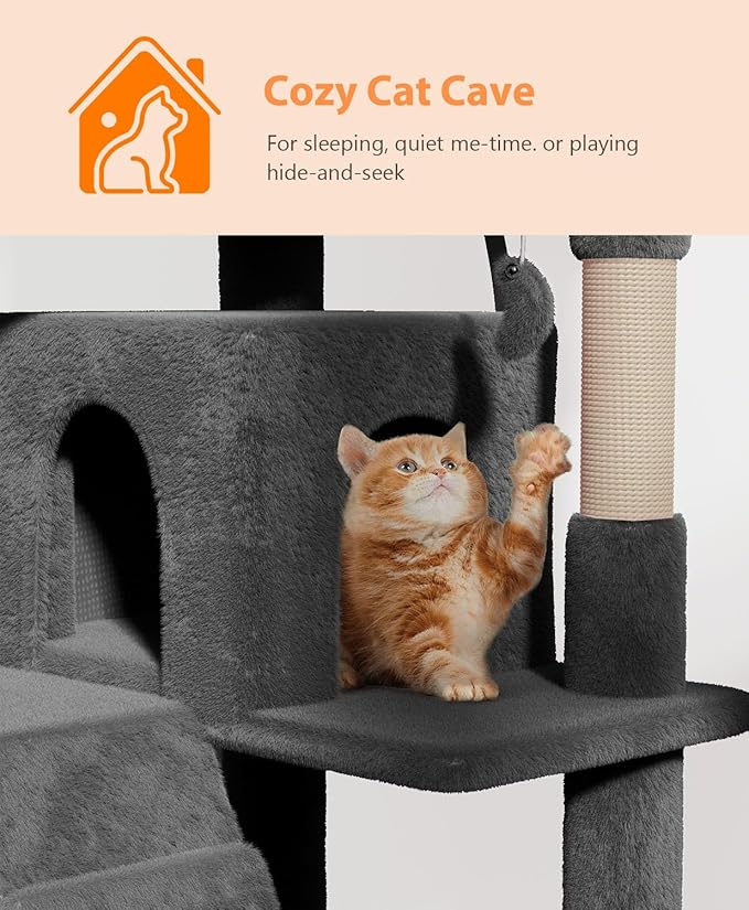 54" Cat Tree Tower for Indoor Cats Large Adult,Cute/Tall Modern Cat Tree for Big Cats 20 lbs, Plush Multi-Level Cat Condo with Scratching Posts,Hammock, Dangling Ball (Smoky Gray, 54 inch)-PurrikoPets