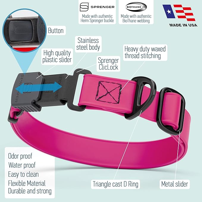 Dogline Biothane Waterproof Dog Collar with Herm Sprenger Black Stainless Steel Quick Release Buckle – Heavy Duty Tactical Durable Collar for Dogs – Comfortable and Safe Pet Collar W1 L15-25 Magenta-PurrikoPets