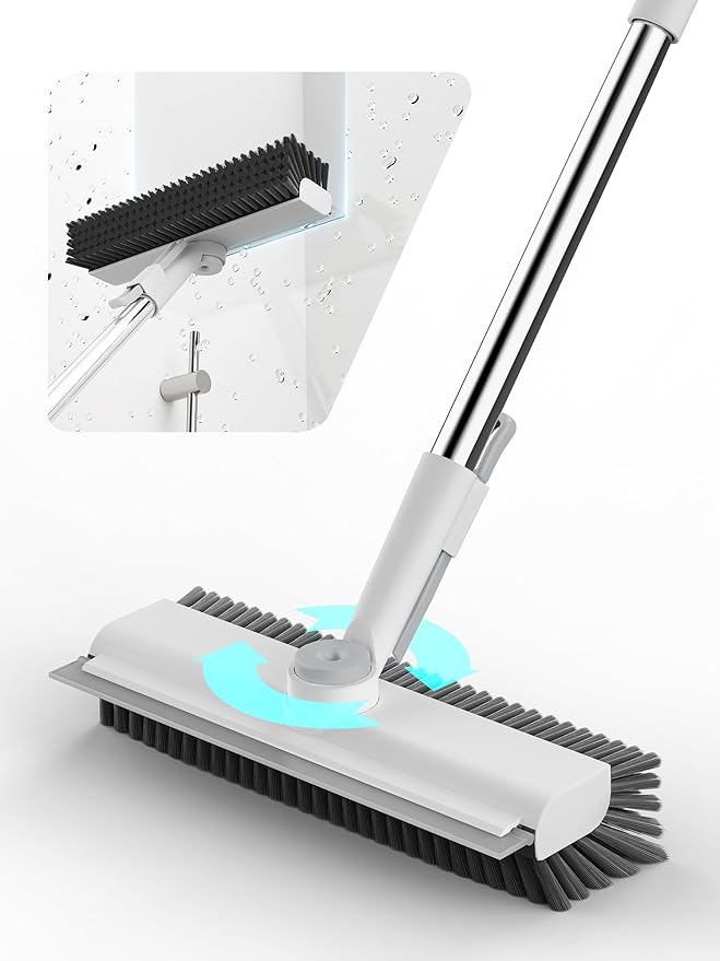 Floor Scrub Brush with Long Handle, 3 in 1 Scrape and Heavy-Duty Stiff Bristle Floor Scrubber Brush with Squeegee and Tweezer for Cleaning Tile Wall Deck Bathroom Patio Garage Kitchen (White)-PurrikoPets