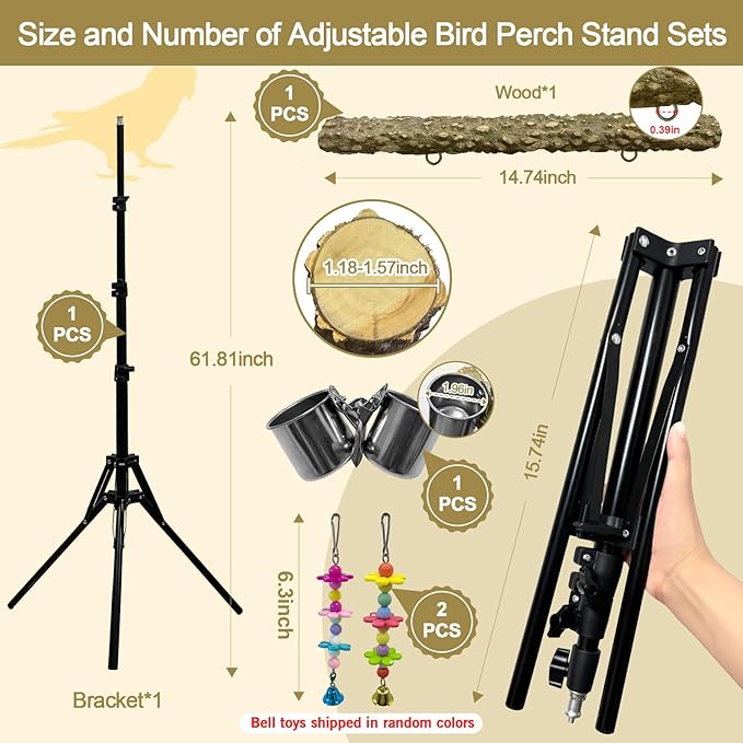 16-63 Inch Height Adjustable Bird Perch Pepper Wood Parrot Training Perch Stand with Feeding Cups and Swing Toy Parakeet Perches Indoor and Outdoor Parrot Stands for Small to Medium Bird-PurrikoPets