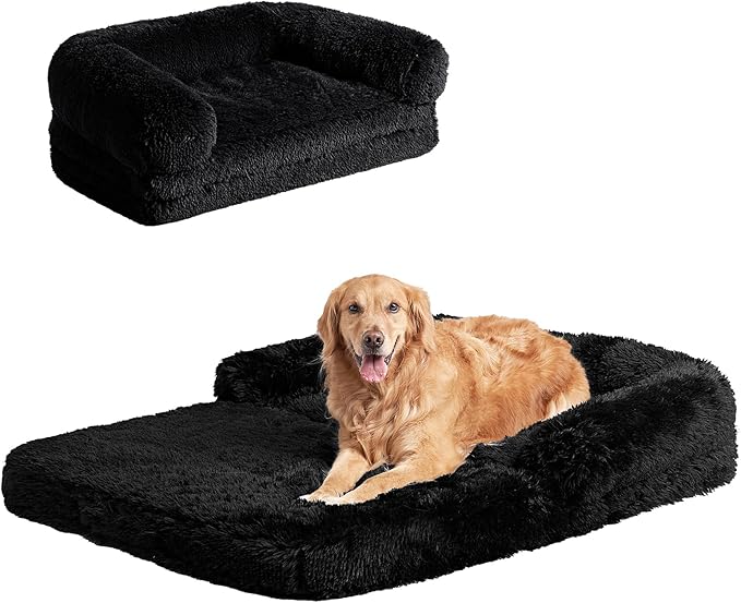 EHEYCIGA Foldable XXL Dog Bed, Faux Fur Fluffy Pet Couch Bed for Extra Large Dogs, Orthopedic Calming Memory Foam Big Pet Bed, Washable Soft Pet Sofa Bed with Non-Slip Bottom, Black, 54"x38"x7.5"-PurrikoPets