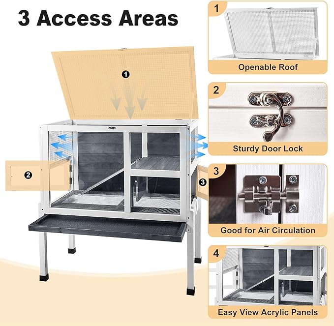 2-Story Guinea Pig Cage with Stand, Indoor Wooden Hamster Cage with Ramp, Pull-Out Tray, Hideout & Platform, Acrylic Transparent Small Animal Habitat for Chinchillas, Ferrets, Hedgehogs,Grey-PurrikoPets