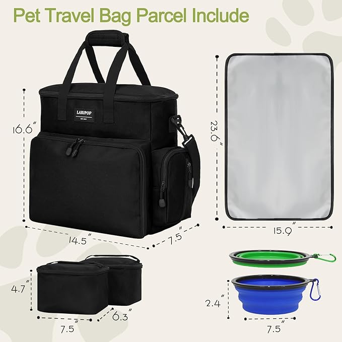 Dog Travel Bag,Weekend Pet Travel Bag Set for Dog and Cat,Airline Approved Tote Multi-Function Dog Bags for Traveling,Include 2 Collapsible Bowls,2 Food Storage Containers,1 Feeding Mat,Black-PurrikoPets