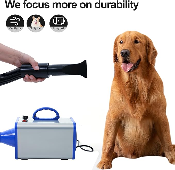 2400w 75m/s Dog Dryer for Pet Grooming, High Velocity Pet Hair Dryer with Heater, Adjustable Speed, 4 Nozzles and a Comb, Blue-PurrikoPets