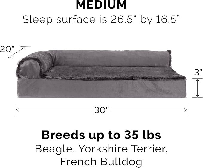 Furhaven Cooling Gel Dog Bed for Medium/Small Dogs w/ Removable Bolsters & Washable Cover, For Dogs Up to 35 lbs - Plush & Velvet L Shaped Chaise - Platinum Gray, Medium-PurrikoPets