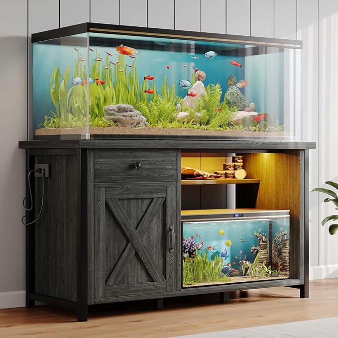 4ever2buy 55 Gallon Fish Tank Stand with LED Light & Power Outlets, 55-75 Gallon Aquarium Stand with Drawer & Barn Door, Cabinet for Fish Tank Accessories Storage for Reptile Tank, Turtle Tank, Gray-PurrikoPets